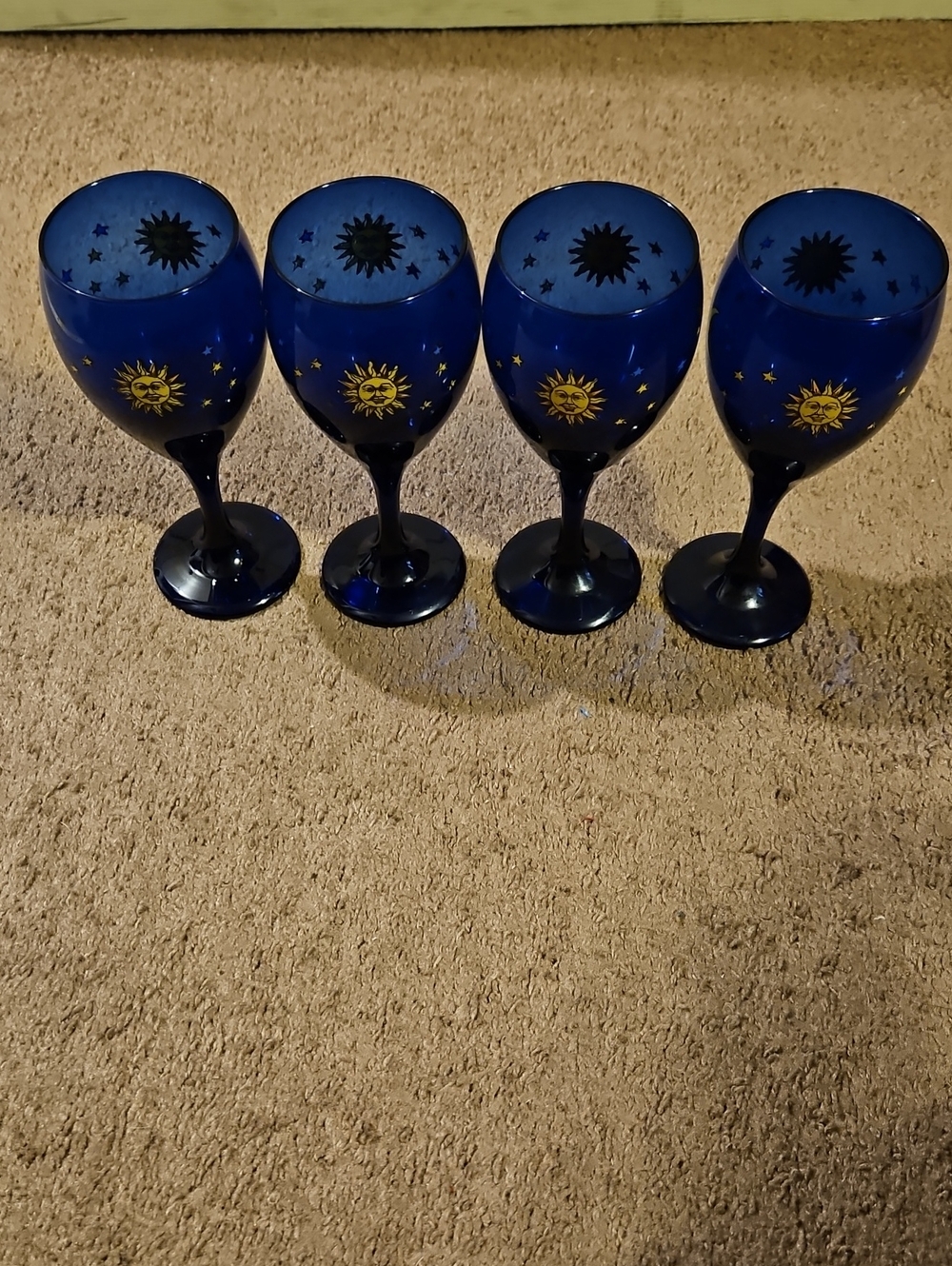 Vintage Libby Cobalt Blue Sun & Stars Wine Glasses Set